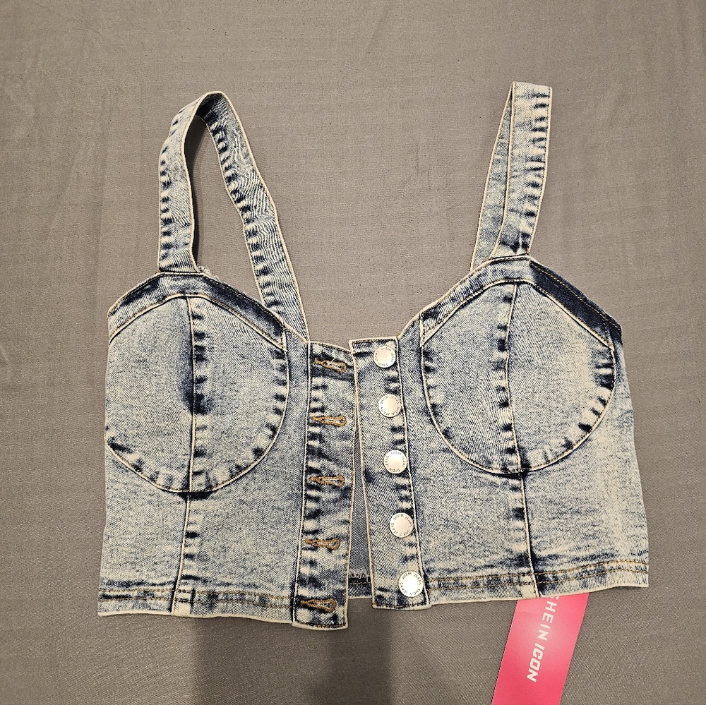 Denim Button-Front Bustier Crop Top - Light Blue